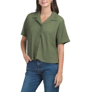 MODERN WORKS Olive Crinkled Knit Short Sleeve Button Down Shirt
